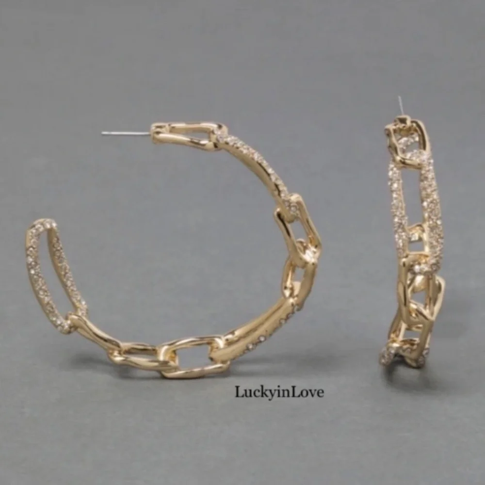 ALEXIS BITTAR NEW Gold Textured Crystal Custom Sculpted Chain Link Hoop Earrings - Picture 2 of 15